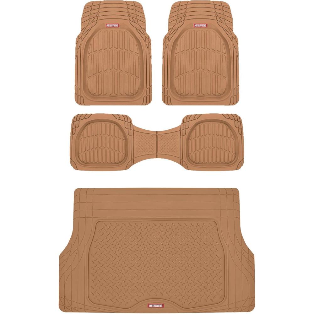 imageMotor Trend FlexTough 4Piece Heavy Duty Floor Mats for Cars Trucks SUVs Automotive Floor Mats Car Mats Full Set Front Rear ampamp Cargo TrimToFit SemiCustom Deep Dish All Weather Rubber Mats  BeigeBeige
