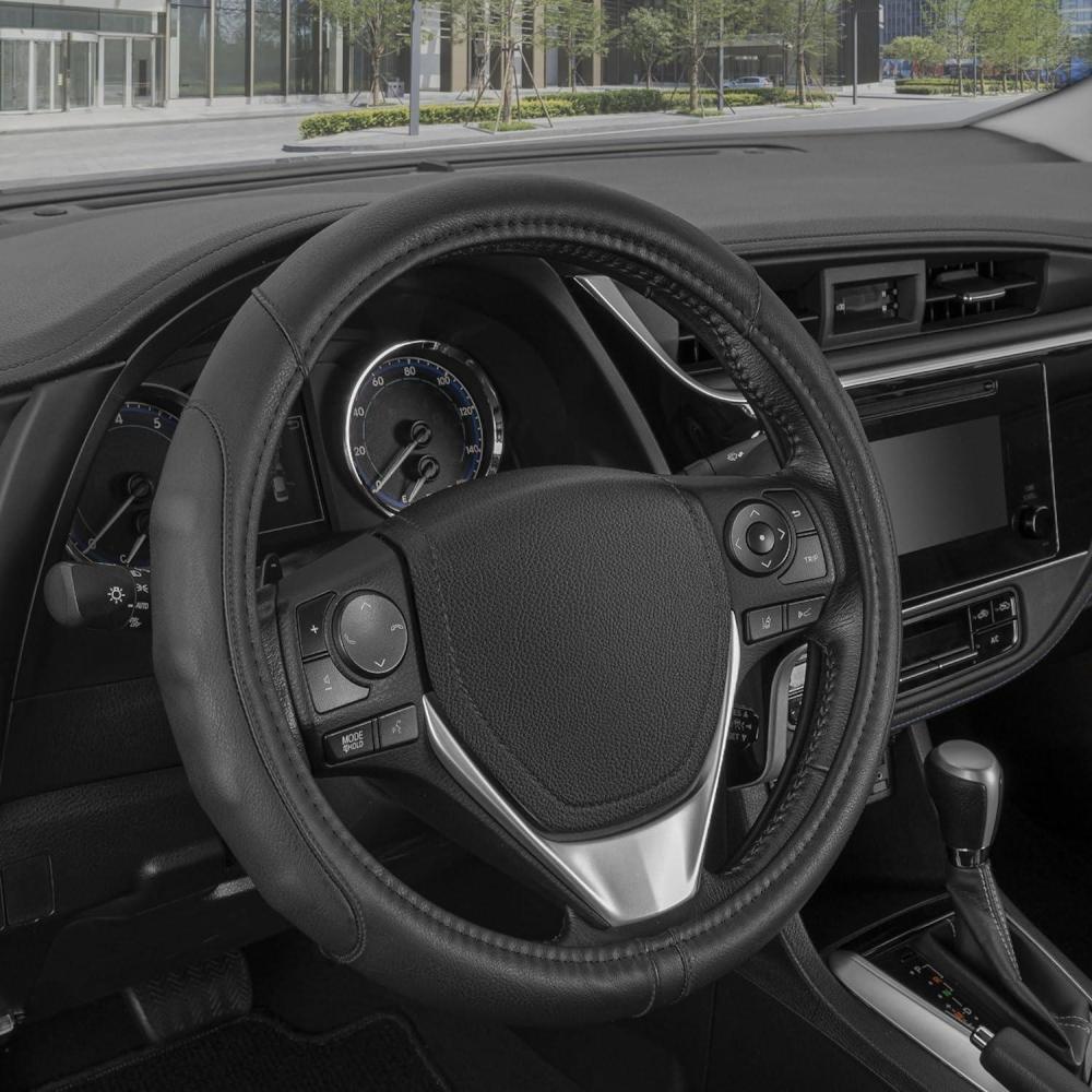 imageMotor Trend GripDrive Faux Black Leather Steering Wheel Cover for Car Truck Van SUV Small 14 inch Size Gray Accent Stitched Car Steering Wheel Cover Vehicle ampamp Auto AccessoriesBlack  Black Accent Stitching