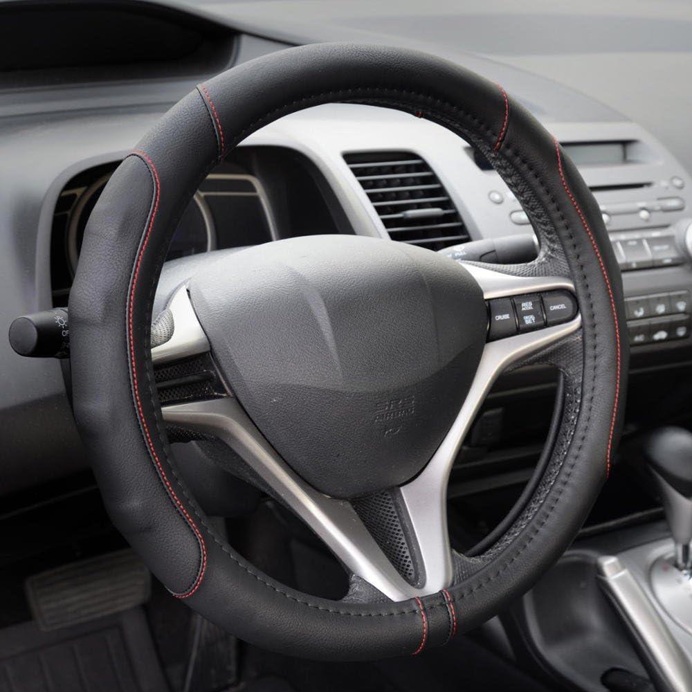imageMotor Trend GripDrive Faux Black Leather Steering Wheel Cover for Car Truck Van SUV Small 14 inch Size Gray Accent Stitched Car Steering Wheel Cover Vehicle ampamp Auto AccessoriesBlack  Red Accent Stitching