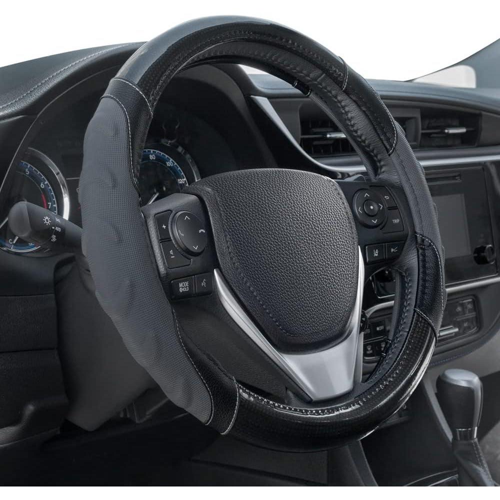 imageMotor Trend GripPlus Black Carbon Fiber Steering Wheel Cover Standard 15 inch Size Advanced Traction Grip Car Steering Wheel Cover for Truck Van SUV AutoGray Grip Plus