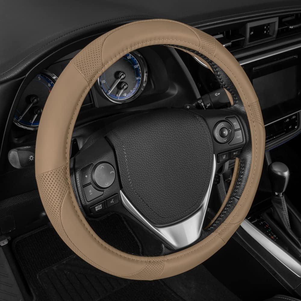 imageMotor Trend Perforated Microfiber Leather Steering Wheel Cover for Cars Trucks SUVs Vans Sporty Racing Improved Grip AntiFatigue Ergonomic Design Airbag Compatible  Fits Standard 15quot Inch  BeigeALL BEIGE