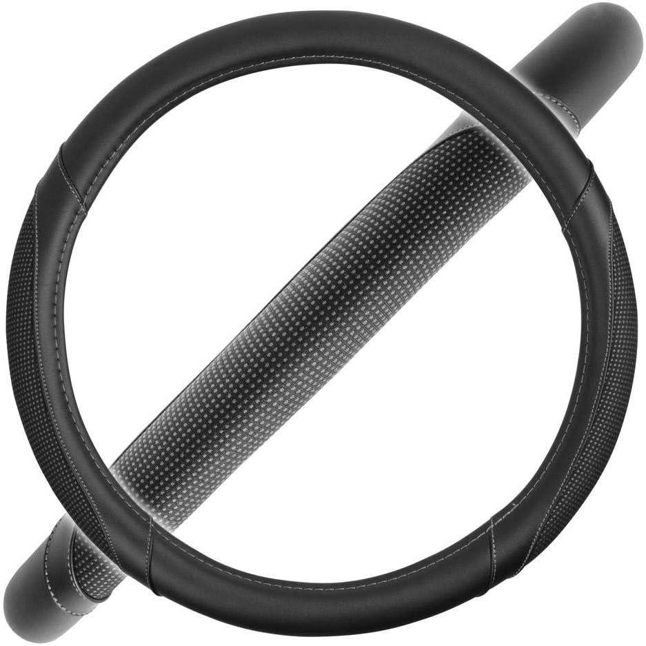 imageMotor Trend Perforated Microfiber Leather Steering Wheel Cover for Cars Trucks SUVs Vans Sporty Racing Improved Grip AntiFatigue Ergonomic Design Airbag Compatible  Fits Standard 15quot Inch  BeigeWhite Stitching  Black