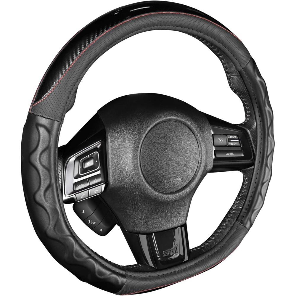 imageMotor Trend Redline DShaped Steering Wheel Cover  Premium Flat Bottom Car Steering Wheel Cover Black Faux Leather Sterring Wheel Cover Standard 15 inchRedline