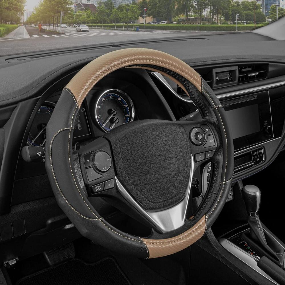 imageMotor Trend SW812 Orange Ultra Sport Pebbled Leather Steering Wheel Cover with Carbon Fiber DetailUniversal Fit for Standard Sizes 145 to 155 inches BlackBeige GripDrive