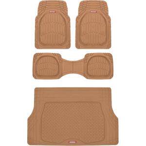 imageMotor Trend FlexTough 4Piece Heavy Duty Floor Mats for Cars Trucks SUVs Automotive Floor Mats Car Mats Full Set Front Rear ampamp Cargo TrimToFit SemiCustom Deep Dish All Weather Rubber Mats  BeigeBeige