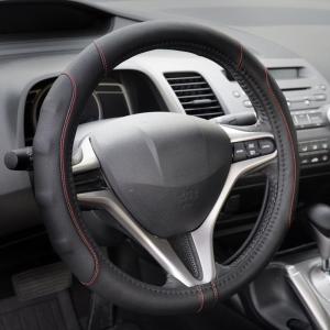 imageMotor Trend GripDrive Faux Black Leather Steering Wheel Cover for Car Truck Van SUV Small 14 inch Size Gray Accent Stitched Car Steering Wheel Cover Vehicle ampamp Auto AccessoriesBlack  Red Accent Stitching