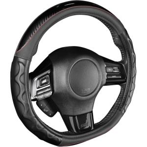 imageMotor Trend Redline DShaped Steering Wheel Cover  Premium Flat Bottom Car Steering Wheel Cover Black Faux Leather Sterring Wheel Cover Standard 15 inchRedline
