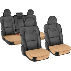 imageMotor Trend Seat Covers for Cars Trucks SUV Faux Leather 2Pack Blue Padded Car Seat Covers with Storage Pockets Premium Interior Car Seat CoverTan Beige Full Set