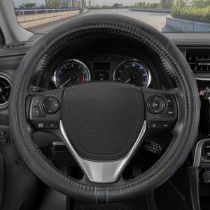 imageMotor Trend GripDrive Faux Black Leather Steering Wheel Cover for Car Truck Van SUV Standard 15 inch Size Blue Accent Stitched Car Steering Wheel Cover Vehicle amp Auto Accessories
