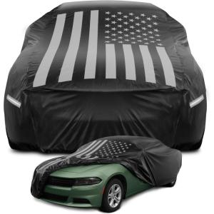 imageMotor Trend Black USA Flag Waterproof Car Cover  All Weather Outdoor Protection UV Resistant Windproof Scratchproof  SemiUniversal Fit Sedan Full Car Cover for Sun Rain Snow 171 190 LengthBlack Flag Up to 210