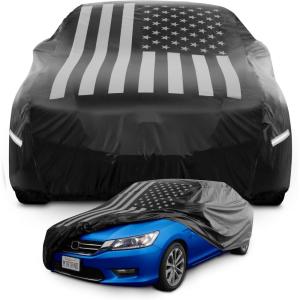 imageMotor Trend Black USA Flag Waterproof Car Cover  All Weather Outdoor Protection UV Resistant Windproof Scratchproof  SemiUniversal Fit Sedan Full Car Cover for Sun Rain Snow 171 190 LengthBlack Flag Up to 190